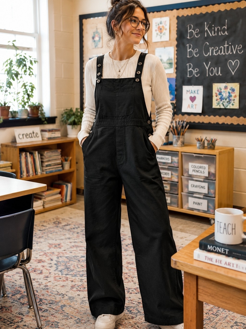NWT Black Overalls L Jumpsuit Minimalist Casual Relaxed Adjustable Button Strap - Picture 1 of 15